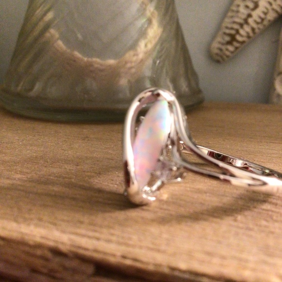 White Gold Plated Brass Created Fire Opal with cubic zirconia sz 6 - Picture 3 of 8